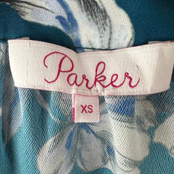 PARKER Blue White Top Floral Puff Sleeve Pleated Drawstring Split Neck Size XS - Picture 8 of 10